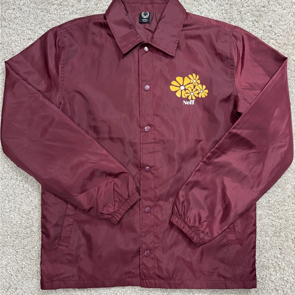Neff Jacket Mens Medium Maroon Snap Windbreaker Lightweight Skate Flowers